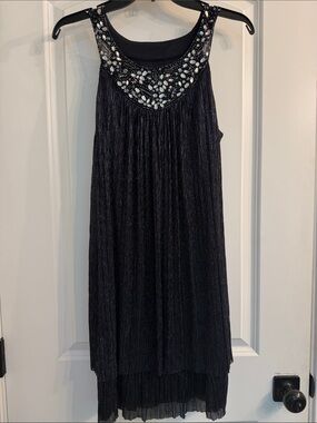 Beaded Navy Midi Dress with Embellished Yoke